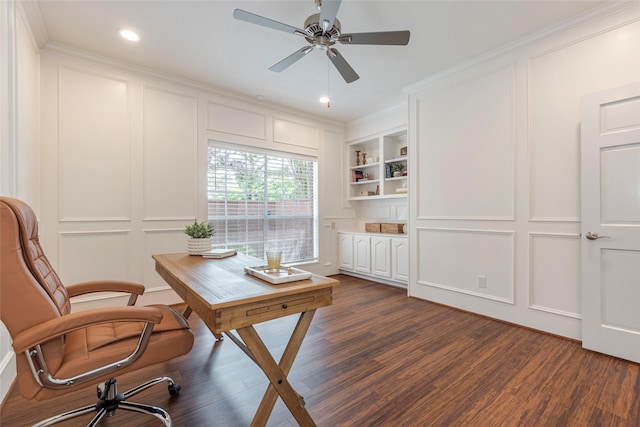 1907 Garden Fern Ct, Houston, TX 77062 - office area with a decorative wall, dark wood-style flooring, ceiling fan, recessed lighting, and crown molding
