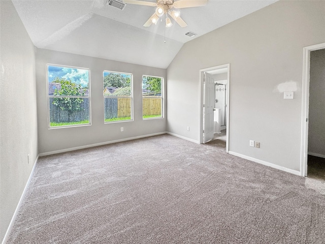19327 Harvest Stream Way, Houston, TX 77084 - unfurnished bedroom featuring carpet flooring, lofted ceiling, ceiling fan, and ensuite bath