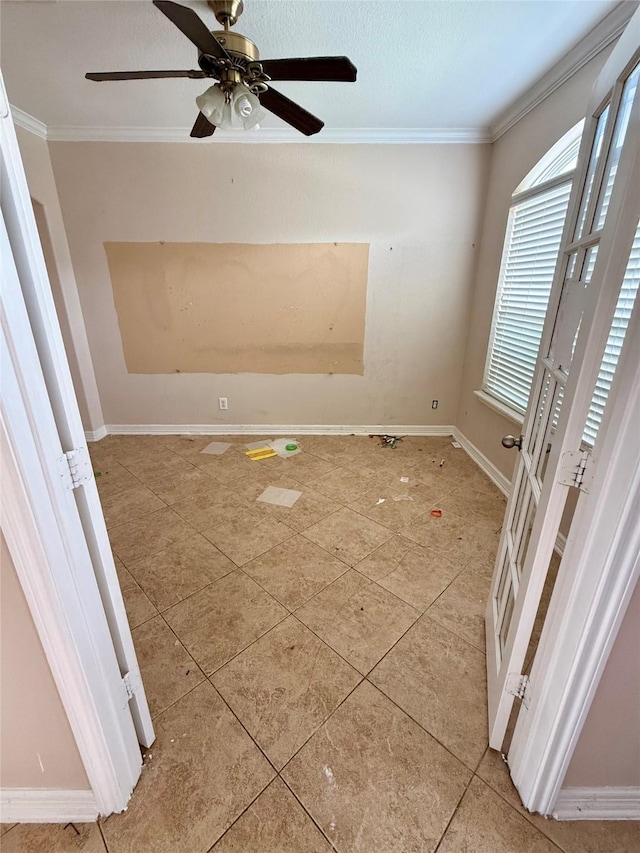 12503 Pepper Creek Ln, Pearland, TX 77584 - spare room with ornamental molding, light tile patterned floors, and a ceiling fan