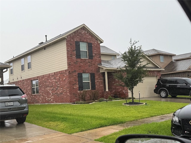 6106 Yesenia St, Katy, TX 77449 - view of front of home featuring brick siding, a garage, and a front lawn