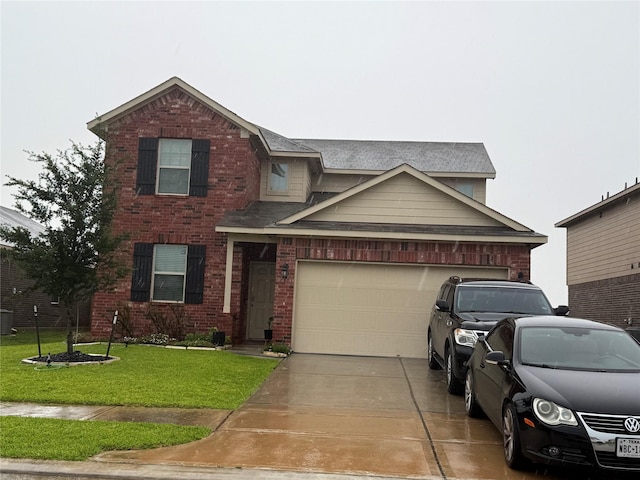 6106 Yesenia St, Katy, TX 77449 - traditional-style house featuring brick siding, concrete driveway, a front lawn, and a garage