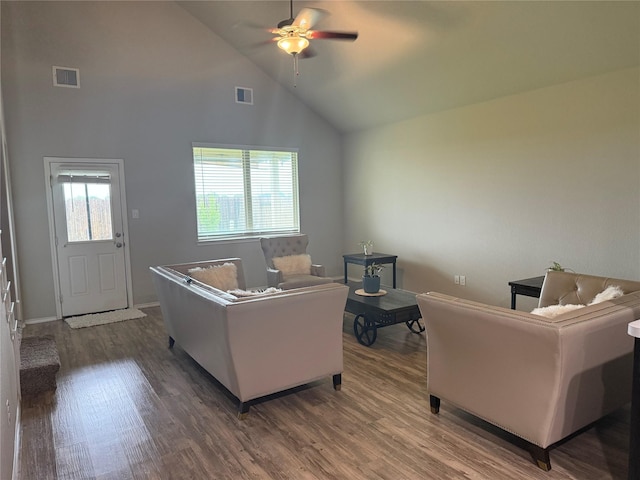 6106 Yesenia St, Katy, TX 77449 - living room with ceiling fan, wood finished floors, and high vaulted ceiling
