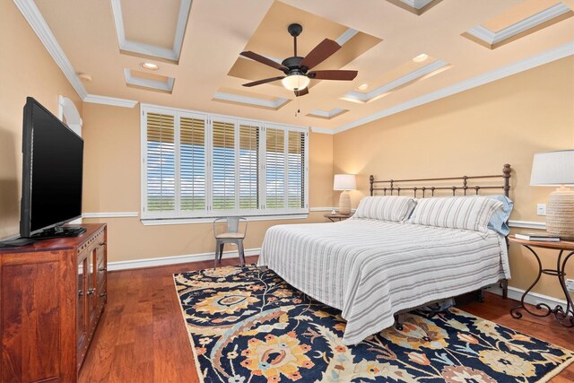14655 Champion Forest Dr Unit 1704, Houston, TX 77069 - bedroom featuring ornamental molding, coffered ceiling, attic access, wood finished floors, and a ceiling fan