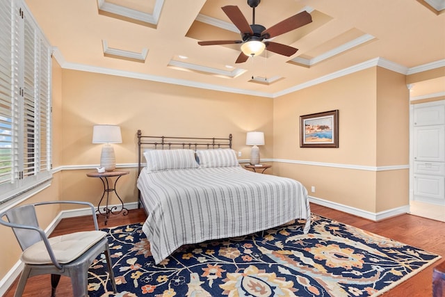 14655 Champion Forest Dr Unit 1704, Houston, TX 77069 - bedroom featuring wood finished floors, ornamental molding, coffered ceiling, and a ceiling fan