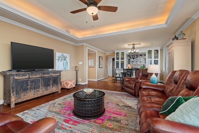 14655 Champion Forest Dr Unit 1704, Houston, TX 77069 - living area featuring a tray ceiling, a chandelier, ceiling fan, wood finished floors, and ornamental molding