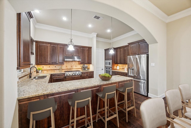 1516 Cohn St, Houston, TX 77007 - kitchen featuring appliances with stainless steel finishes, under cabinet range hood, a peninsula, dark wood-style flooring, and dark brown cabinetry