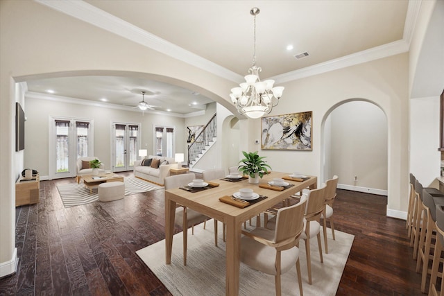 1516 Cohn St, Houston, TX 77007 - dining area with arched walkways, stairway, wood-type flooring, a ceiling fan, and recessed lighting