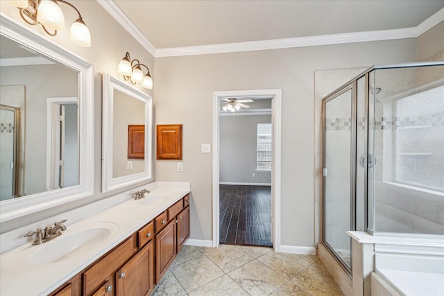 20779 Oakhurst Meadows Dr, Porter, TX 77365 - full bath with crown molding, double vanity, a stall shower, ceiling fan, and a bath