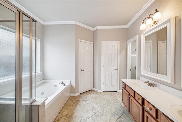 20779 Oakhurst Meadows Dr, Porter, TX 77365 - bathroom featuring double vanity, a tub with jets, crown molding, a shower stall, and marble look tiles