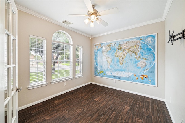 20779 Oakhurst Meadows Dr, Porter, TX 77365 - spare room featuring dark wood-type flooring, crown molding, and ceiling fan