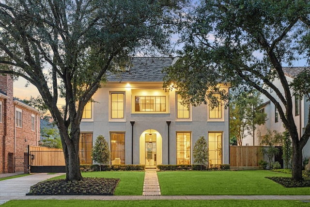 2220 Pelham Dr, Houston, TX 77019 - view of front facade featuring stucco siding, concrete driveway, and a gate