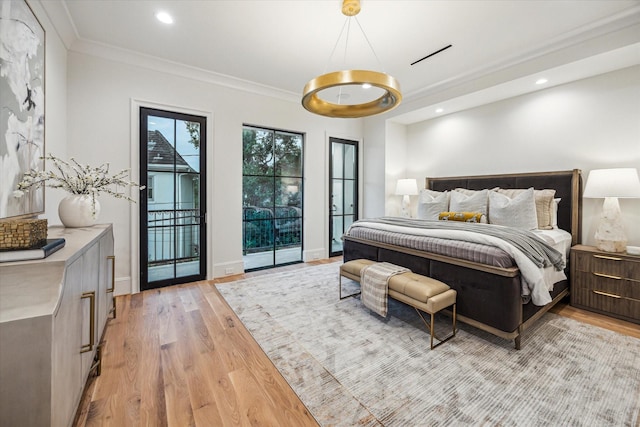 2220 Pelham Dr, Houston, TX 77019 - bedroom with access to exterior, light wood-type flooring, ornamental molding, and recessed lighting