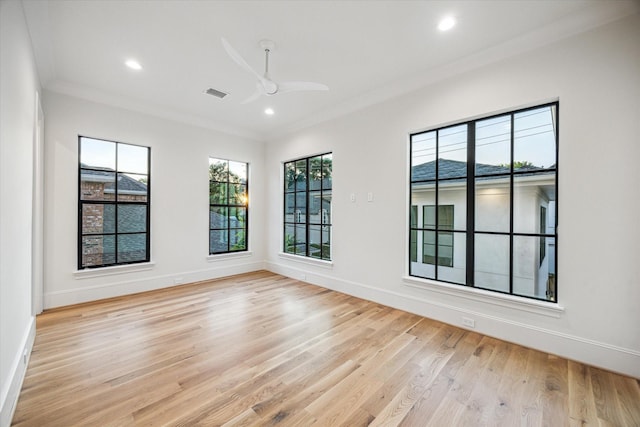 2220 Pelham Dr, Houston, TX 77019 - unfurnished room with light wood-style flooring, ornamental molding, ceiling fan, and recessed lighting