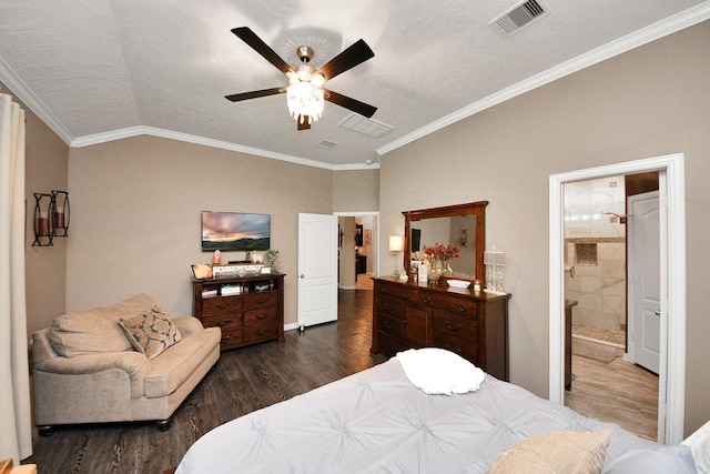 22819 Jetty Manor Ln, Spring, TX 77373 - bedroom featuring wood finished floors, ornamental molding, lofted ceiling, a ceiling fan, and connected bathroom