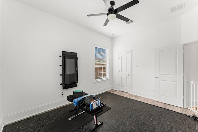 31013 Sunfall Trail Ln, Spring, TX 77386 - exercise room featuring a ceiling fan and wood finished floors