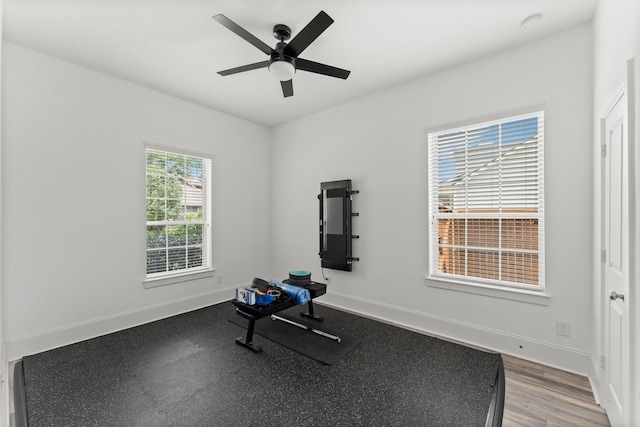 31013 Sunfall Trail Ln, Spring, TX 77386 - exercise room featuring baseboards and a ceiling fan