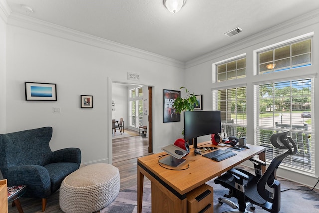 31013 Sunfall Trail Ln, Spring, TX 77386 - home office featuring ornamental molding and wood finished floors