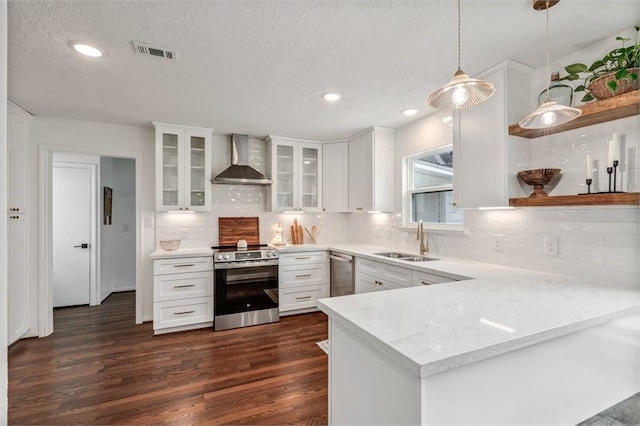8018 Twining Oaks Ln, Spring, TX 77379 - kitchen featuring stainless steel appliances, wall chimney range hood, open shelves, a peninsula, and dark wood-type flooring