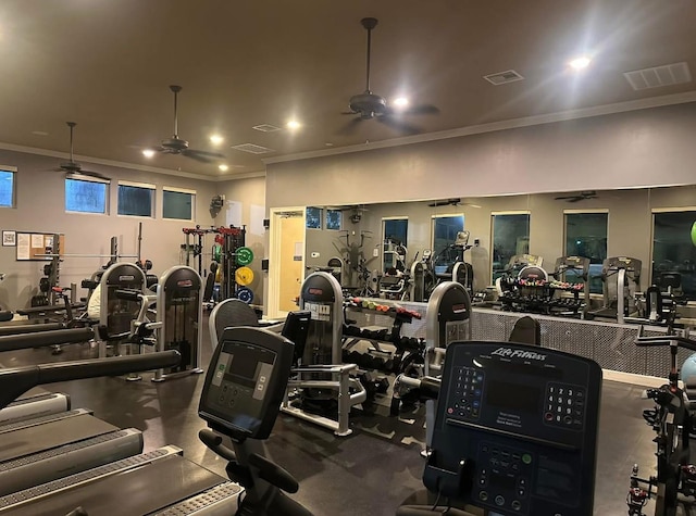 8018 Twining Oaks Ln, Spring, TX 77379 - workout area featuring ornamental molding and ceiling fan