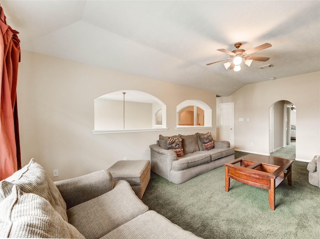 18719 Glenn Haven Estates Dr, Spring, TX 77379 - carpeted living room featuring ceiling fan, arched walkways, and lofted ceiling