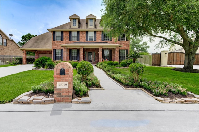 18719 Glenn Haven Estates Dr, Spring, TX 77379 - colonial-style house featuring brick siding, a gate, concrete driveway, and a shingled roof
