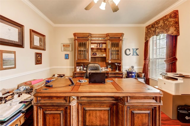 18719 Glenn Haven Estates Dr, Spring, TX 77379 - office area featuring a ceiling fan, crown molding, and wood finished floors