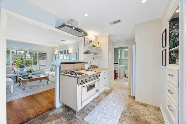 1726 Saxon Dr, Houston, TX 77018 - kitchen with gas range gas stove, crown molding, open shelves, extractor fan, and recessed lighting