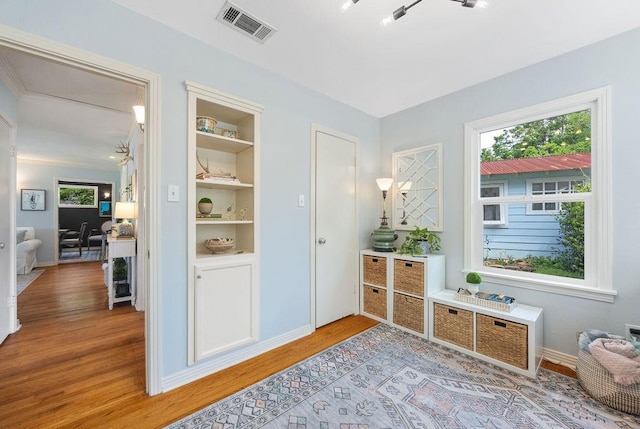 1726 Saxon Dr, Houston, TX 77018 - living area with light wood-style flooring and built in features