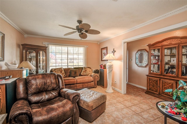 516 W Mimosa St, Angleton, TX 77515 - living room featuring ceiling fan, crown molding, and light tile patterned floors