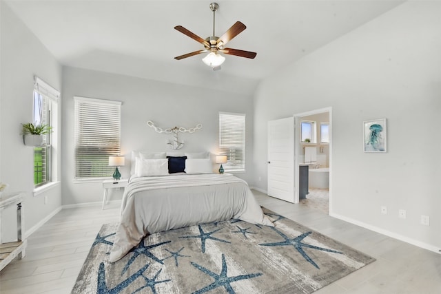 250 Peninsula Point Dr, Montgomery, TX 77356 - bedroom featuring vaulted ceiling, light wood-type flooring, ensuite bathroom, and ceiling fan