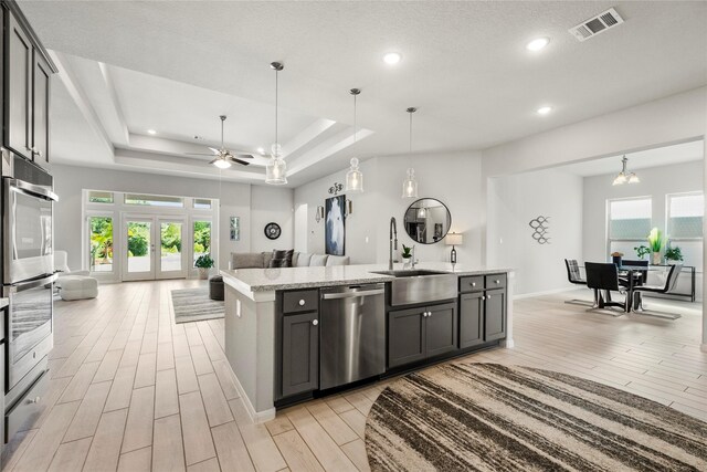 250 Peninsula Point Dr, Montgomery, TX 77356 - kitchen featuring stainless steel appliances, open floor plan, light wood-style flooring, a ceiling fan, and a tray ceiling