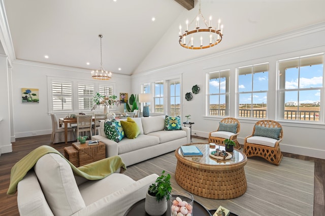 742 Positano Rd, Galveston, TX 77550 - living room featuring a chandelier, wood finished floors, recessed lighting, beam ceiling, and high vaulted ceiling