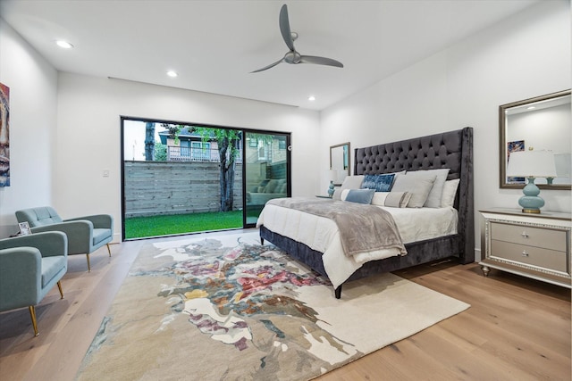 507 W Bell, Houston, TX 77019 - bedroom featuring access to exterior, wood finished floors, recessed lighting, and a ceiling fan
