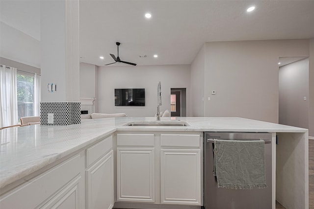 7602 Las Flores Dr, Houston, TX 77083 - kitchen featuring dishwasher, open floor plan, a ceiling fan, recessed lighting, and light stone counters