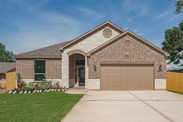 3525 Federal Rd, Pasadena, TX 77504 - french country home with brick siding, an attached garage, concrete driveway, and a shingled roof