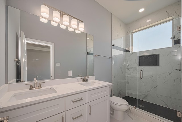3525 Federal Rd, Pasadena, TX 77504 - full bath featuring a marble finish shower, double vanity, and marble look tiles