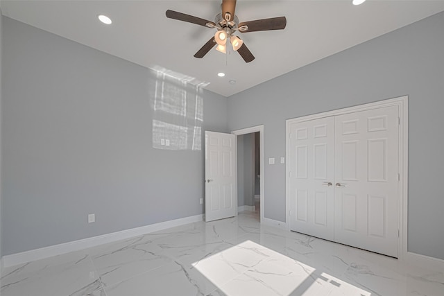 3525 Federal Rd, Pasadena, TX 77504 - unfurnished bedroom with recessed lighting, light marble finish flooring, a closet, and ceiling fan