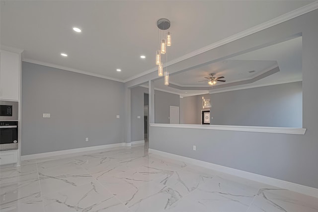 3525 Federal Rd, Pasadena, TX 77504 - spare room featuring recessed lighting, crown molding, ceiling fan, light marble finish floors, and a tray ceiling