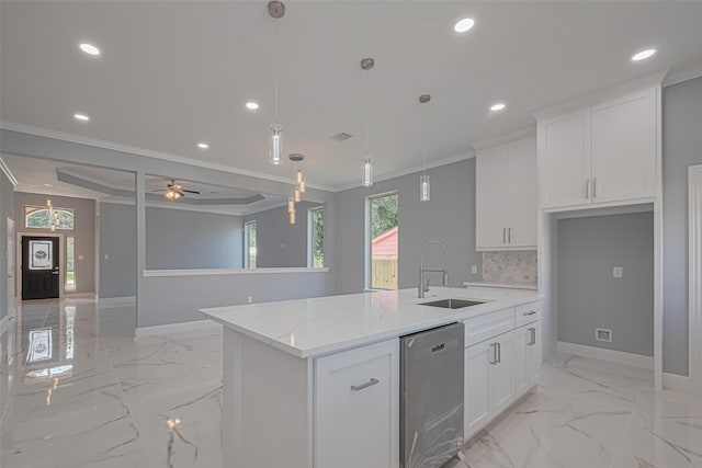 3525 Federal Rd, Pasadena, TX 77504 - kitchen with dishwasher, light marble finish floors, crown molding, a center island with sink, and white cabinets