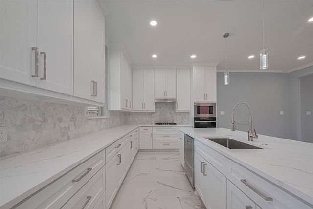 3525 Federal Rd, Pasadena, TX 77504 - kitchen with appliances with stainless steel finishes, recessed lighting, white cabinetry, light marble finish floors, and light stone counters
