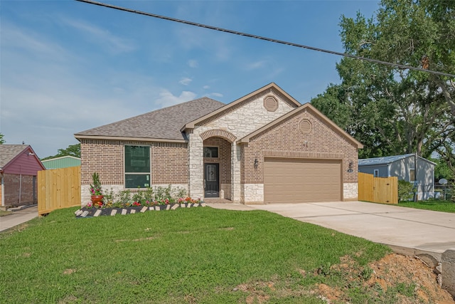 3525 Federal Rd, Pasadena, TX 77504 - french country style house with brick siding, an attached garage, concrete driveway, a gate, and roof with shingles