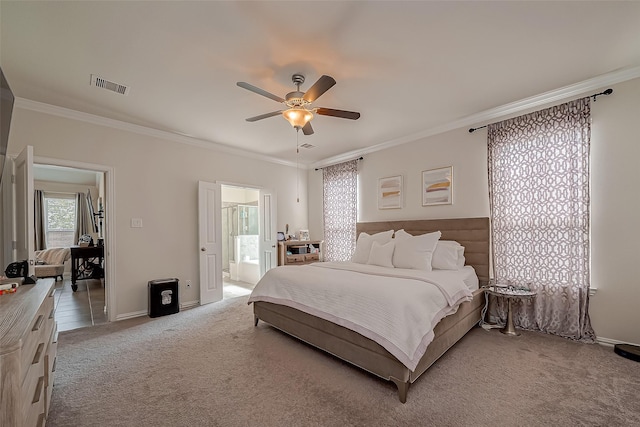 2226 Blakely Grove Ln, Richmond, TX 77469 - bedroom featuring ornamental molding, carpet floors, ensuite bath, and ceiling fan