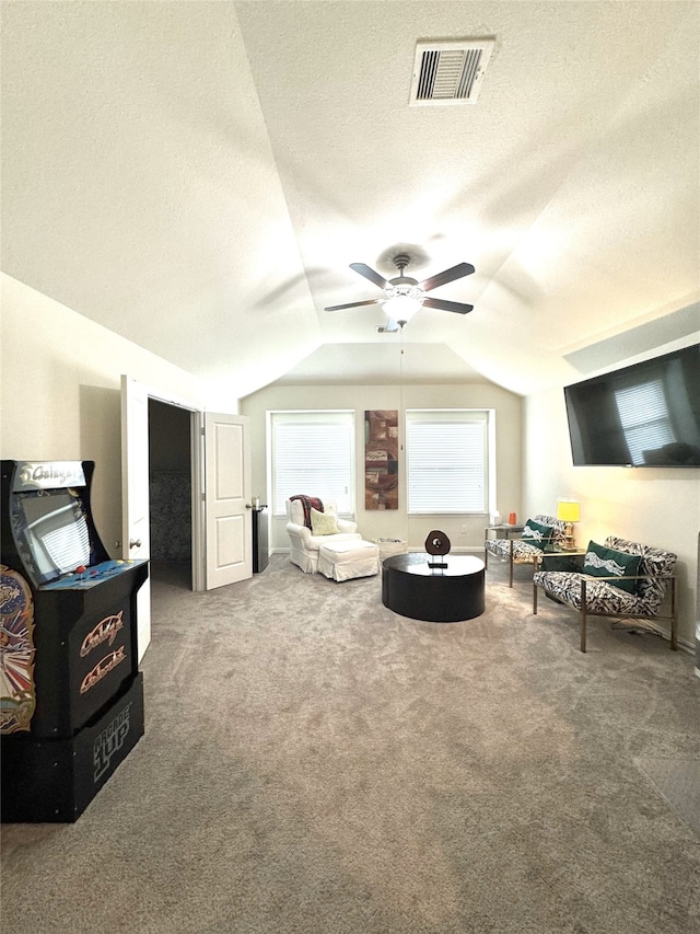 2226 Blakely Grove Ln, Richmond, TX 77469 - living room with carpet, a textured ceiling, a ceiling fan, and lofted ceiling