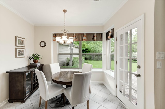 11410 Del Monte Dr, Houston, TX 77077 - dining space featuring a chandelier, light tile patterned floors, and crown molding