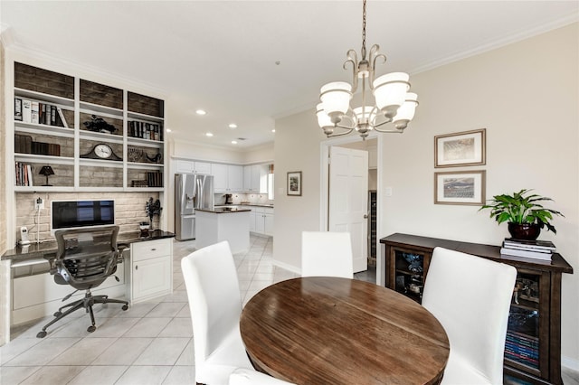 11410 Del Monte Dr, Houston, TX 77077 - dining area with light tile patterned floors, ornamental molding, an office area, a chandelier, and recessed lighting