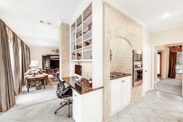 11410 Del Monte Dr, Houston, TX 77077 - home office featuring light colored carpet, light tile patterned floors, ornamental molding, and built in features