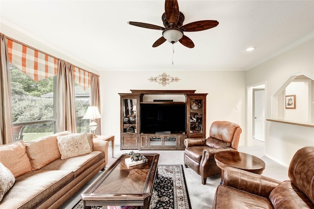 11410 Del Monte Dr, Houston, TX 77077 - living area with crown molding and a ceiling fan