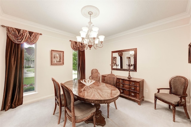 11410 Del Monte Dr, Houston, TX 77077 - dining area with crown molding, a chandelier, plenty of natural light, and light colored carpet