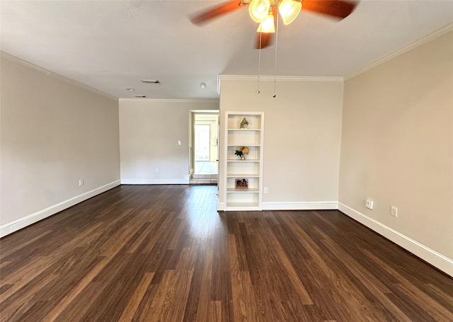 1083 Country Place Dr Unit 28, Houston, TX 77079 - empty room featuring ceiling fan, dark wood-style flooring, built in shelves, and ornamental molding