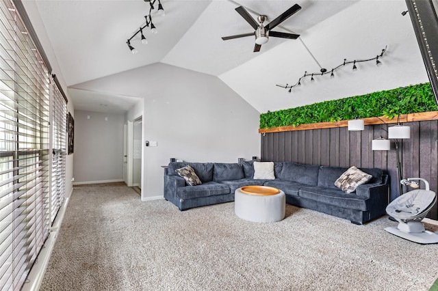 2806 Spring Dusk Ln, Spring, TX 77373 - living room with track lighting, vaulted ceiling, a ceiling fan, and carpet